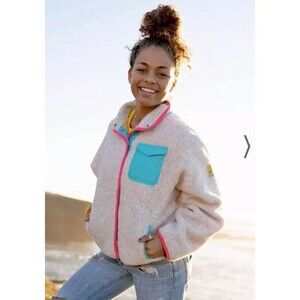 IVORY ELLA Off White Sherpa Fleece Jacket Neon Pink Blue Trim Women’s Small